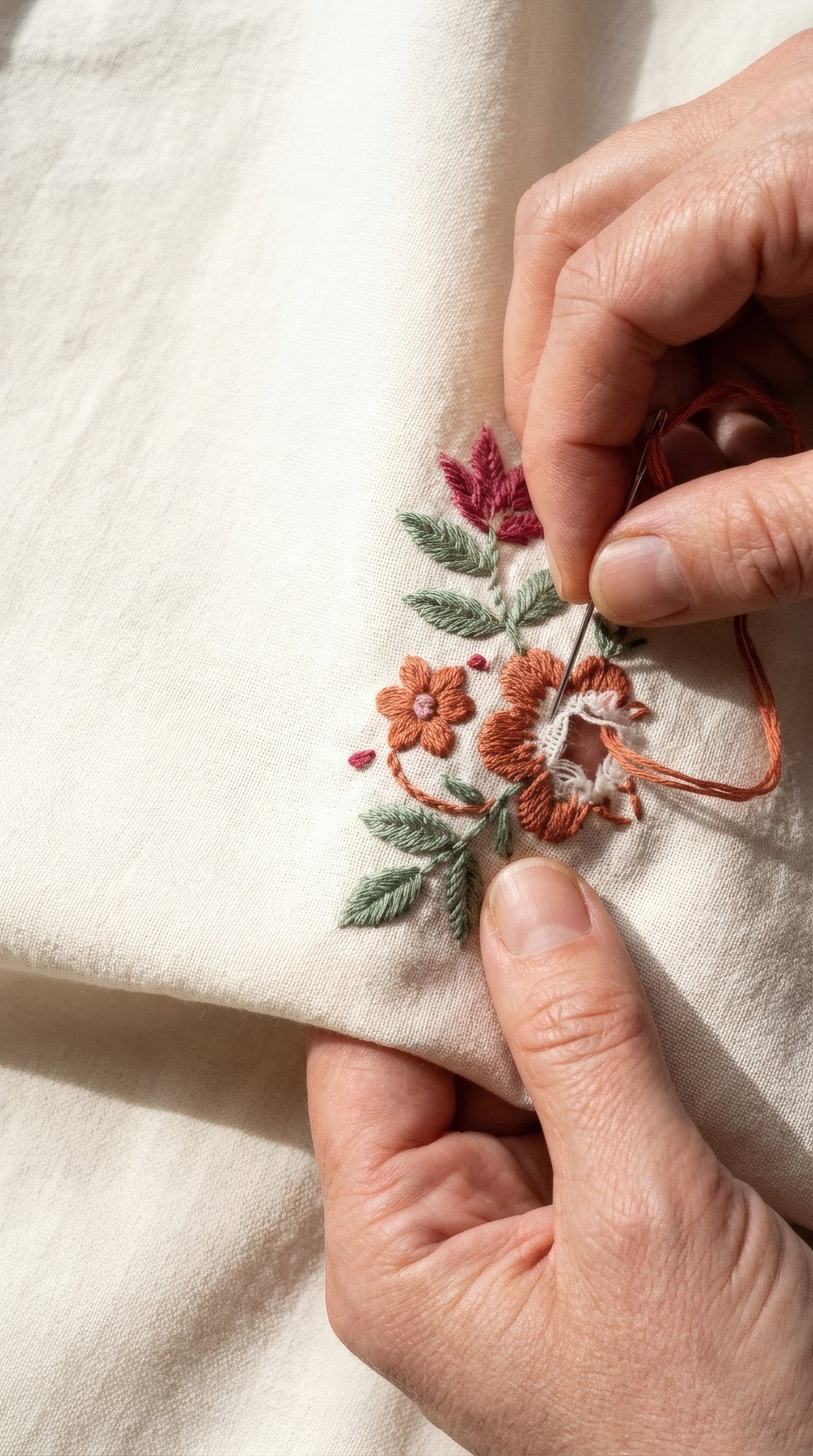 Mano che ricama un dettaglio floreale su lino